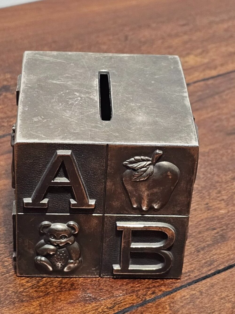 Vintage Alphabet Block Metal Coin Bank with Animal Design